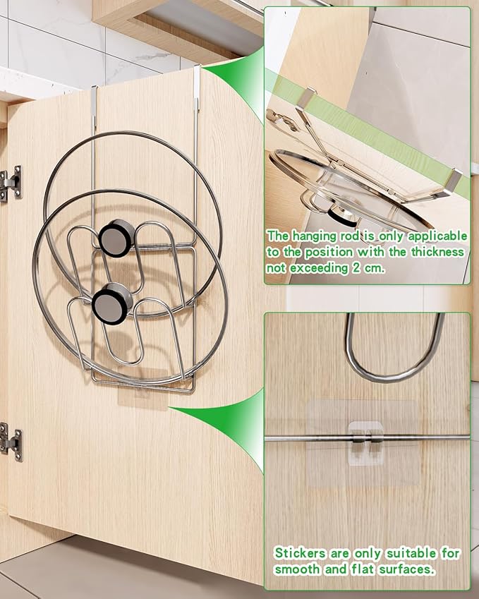 Over Cabinet Door Pot Lid Organizer, 2-Tier Stainless Steel Pan Cover Rack, Kitchen Storage Holder - Image 4
