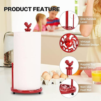 Vintage Red Rooster Cast Iron Paper Towel Holder for Kitchen Countertop - Farmhouse Decor Freestanding Dispenser with Heavy Base, Fits Jumbo Rolls, Easy One-Handed Tear