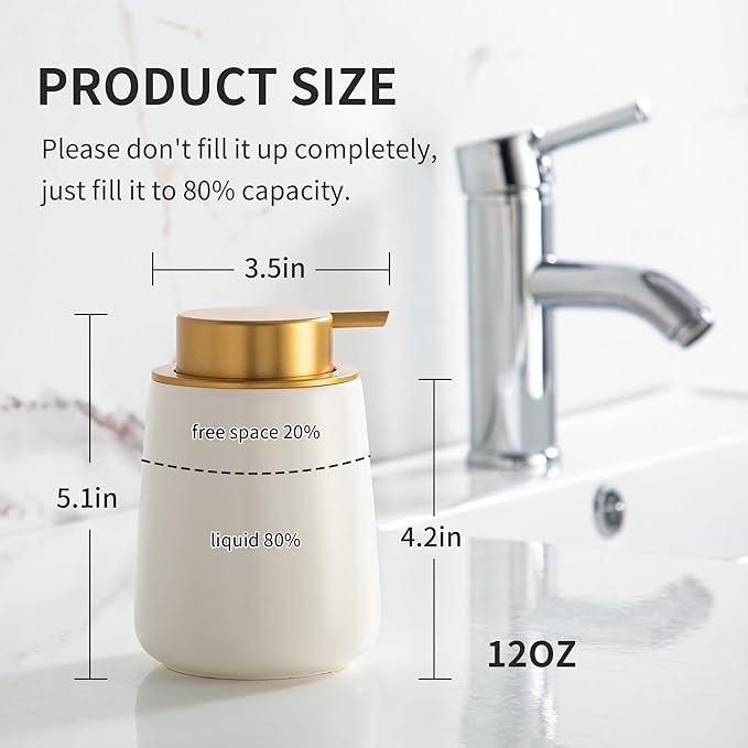 Enra Foaming Soap Dispenser,12 oz Beige Ceramic Modern Foam Hand Soap Dispenser for Bathroom,Kitchen with Easy-to-Press Pump (White Foam Gold Pump)