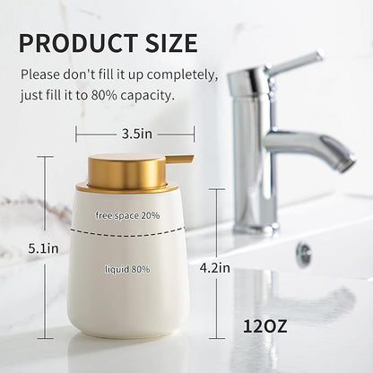 Enra Ceramic Soap Dispenser, 12 Oz Wide-Mouth Hand Lotion Dispenser with Gold Pump, White Refillable Dish Soap Dispenser for Kitchen & Bathroom Countertop Decor