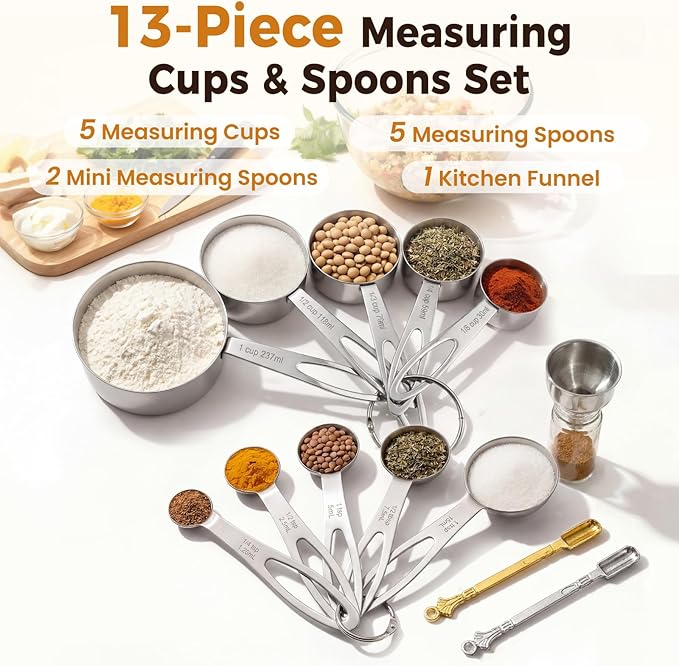 13PCS Stainless Steel Measuring Cups and Spoons Set with Funnel, Stackable Metal Measuring Cup and Spoon Set for Baking Cooking, Dishwasher Safe Kitchen Tools with for Dry & Liquid Ingredients - Image 3
