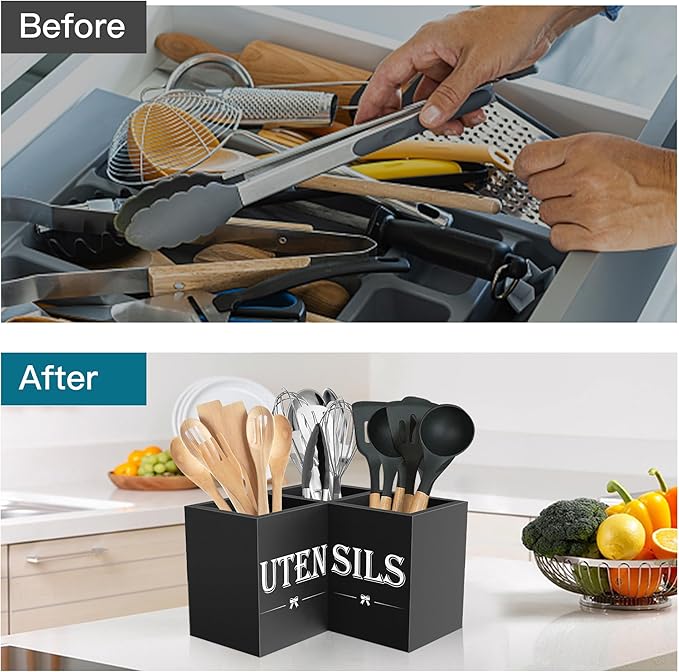 Suli Extra Large Kitchen Utensils Holder with 3 Compartments,Corner Utensil Caddy for Countertop,Wooden Utensil Organizer for Kitchen Countertop, Farmhouse Decor- Black - Image 6