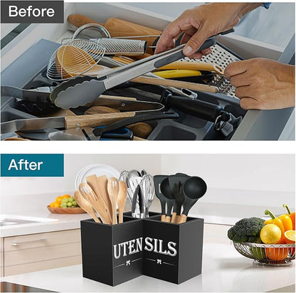 Suli Extra Large Kitchen Utensils Holder with 3 Compartments,Corner Utensil Caddy for Countertop,Wooden Utensil Organizer for Kitchen Countertop, Farmhouse Decor- Black - Image 6