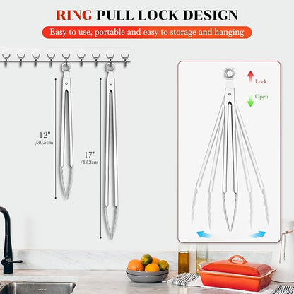 Grill Tongs - 12 Inch & 17 Inch Extra Long BBQ Tongs, Heat Resistant Stainless Steel Kitchen Tong, Heavy Duty Metal Locking Tong for Cooking, Grilling, BBQ/Barbecue, Food (All Metal - 12"+17")
