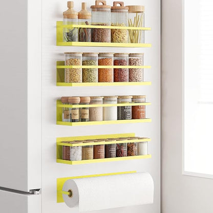 Magnetic Spice Rack For Refrigerator Magnetic Fridge Shelf For Kitchen Spice Organizer Magnetic Shelf For Fridge Space Saving Yellow 4 Pack With Magnetic Paper Towel Holder by Roysili