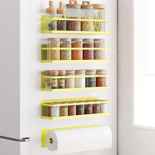 Magnetic Spice Rack For Refrigerator Magnetic Fridge Shelf For Kitchen Spice Organizer Magnetic Shelf For Fridge Space Saving Yellow 4 Pack With Magnetic Paper Towel Holder by Roysili