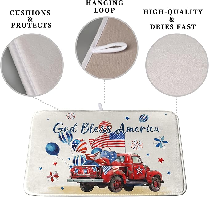 4th of July Drying Mat for Kitchen Counter 16 x 18 US Independence Day Patriotic Truck Dish Drying Mat Polyester American Flag Dish Drainer Mat Super Absorbent Dish Rack Pad for Coffee Bar Sinks - Image 3