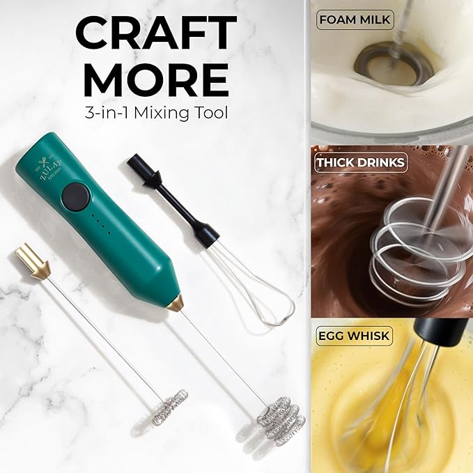 Zulay Kitchen Rechargeable Milk Frother - Dynamic - 3 Speeds, 3 Whisk Attachments, 500 mAh USB Charging, Drink Mixer For Latte, Cappuccino, Matcha, Protein Powder, Coffee Foam - Green Gold - Image 7