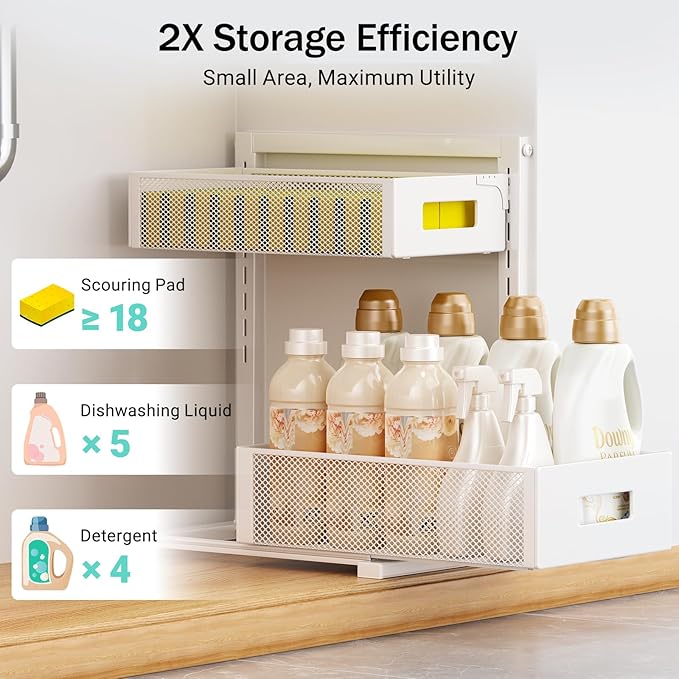 Petiza Under Sink Organizer Adjustable Height 2 Tier Bathroom Organizer Pull Out Cabinet Organer kitchen organizers and storage fridge organizers and storage,White,XL-1 Pack - Image 6