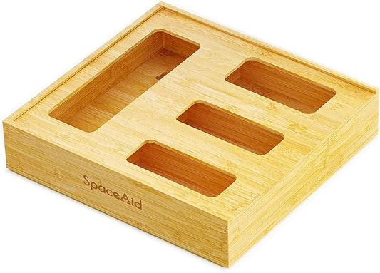 SpaceAid Bag Storage Organizer for Kitchen Drawer, Bamboo Organizer, Compatible with Gallon, Quart, Sandwich and Snack Variety Size Bag (1 Box 4 Slots, Natural, 2" High) by SpaceAid