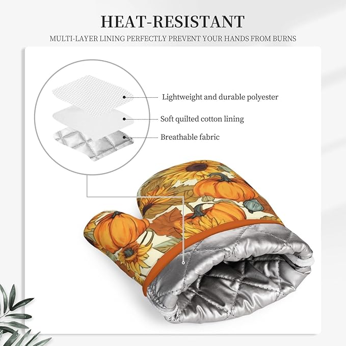 Fall Pumpkin Sunflower Silicone Oven Mitts Pan Mats Set of 2, Heat Resistant Gloves Potholder with Non-Slip Grips Hanging Loops Pot Holder, Spring Summer for Chef Cooking, Baking, Grilling, BBQ