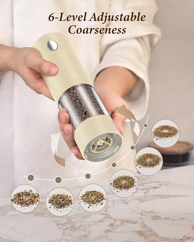 Electric Salt and Pepper Grinder Set - Automatic Refillable Salt and Pepper Grinders with Charging Base & LED Light, 6-Level Adjustable Coarseness with External Dial, Ideal Kitchen Gadget，Beige - Image 5