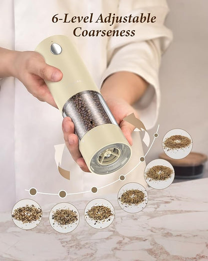 Electric Salt and Pepper Grinder Set - Automatic Refillable Salt and Pepper Grinders with Charging Base & LED Light, 6-Level Adjustable Coarseness with External Dial, Ideal Kitchen Gadget，Beige - Image 5