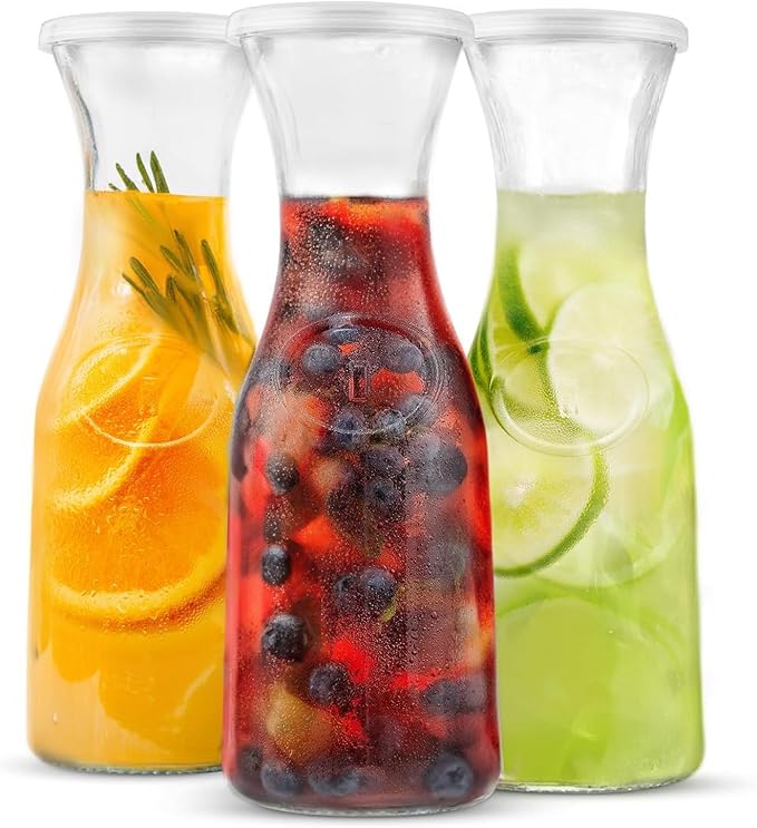 KooK Glass Carafe, Mimosa Bar Supplies, Carafe Pitchers with Lid, Set of 3, Glass Water Pitcher, Drink Dispensers for Parties, Tea, Wine, and Juice, Plastic Lids, Dishwasher Safe, 35 oz by Kook