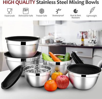 E-far Mixing Bowls with Lids Set of 5, Stainless Steel Black Mixing Bowls Metal Nesting Bowls with Airtight Lids for Cooking, Baking, Serving, Storage - Size 0.7/1/1.5/3/4.6QT - Dishwasher Safe - Image 2