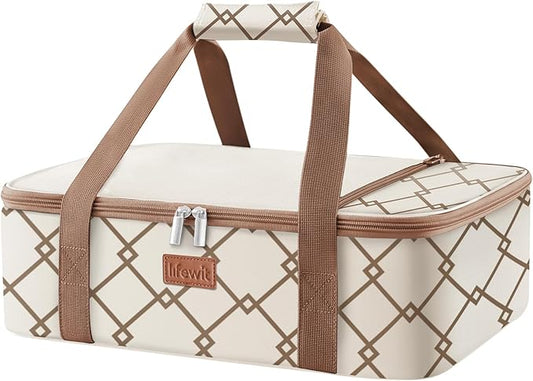 Lifewit Insulated Single Decker Casserole Carrier, Lasagna Lugger Holder for Hot or Cold Food, Fits 9" x 13" Baking Dish, Thermal Lunch Tote Bag for Potluck Parties, Picnic and Cookouts, Cream