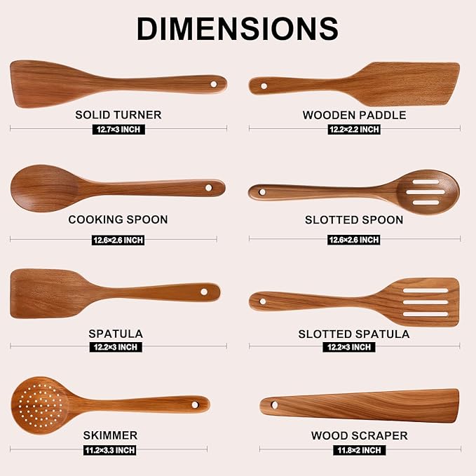8 Pcs Best Non Toxic Kitchen Utensil Set Teak Wooden Cooking Spoons Nonstick Flat Slotted Turner Spatula Bamboo Wood Serving Utensils for Cooking Egg Spatulas for Kitchen Use Tools Slotted Pasta Spoon