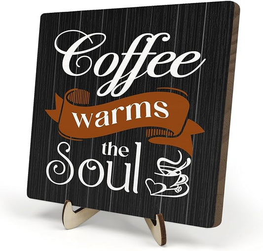 Coffee Bar Sign Plaque Decor,Coffee Bar Accessories,Rustic Wooden Tabletop Plaque with Stand, Minimalist Farmhouse Kitchen Counter Sign,Cute Mini Café Bar Decor Gift 5.9x5.9Inch by DMADNF