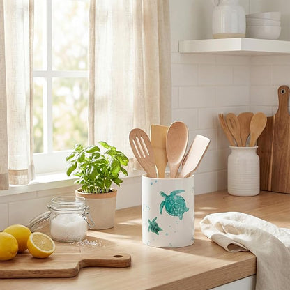 WILLBOND Coastal Utensil Holder for Kitchen Sea Turtle Utensil Holder Summer Kitchen Decor Cute Acrylic Cooking Crock Organizer Countertop Storage Organizer Container Housewarming Gift