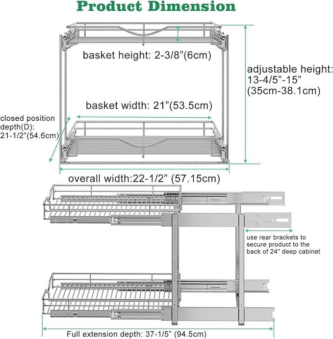 DINDON Pull Out Cabinet Organizer (22-1/2" W x 21-1/2"D), Cabinet Pull Out Shelves, 2 Tier Pull Out Drawers for Kitchen Cabinets, Wire Basket Slide Out Shelf, Pot and Pan Organizer - Image 5