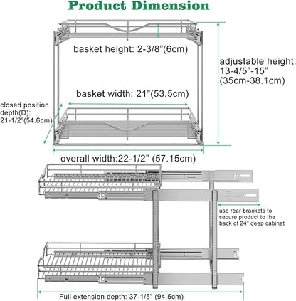 DINDON Pull Out Cabinet Organizer (22-1/2" W x 21-1/2"D), Cabinet Pull Out Shelves, 2 Tier Pull Out Drawers for Kitchen Cabinets, Wire Basket Slide Out Shelf, Pot and Pan Organizer - Image 5