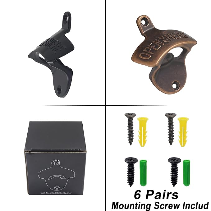 Rustic Wall Mount Bottle Cap Opener Antique Copper Stainless Table Mounted Beer Top Opener Black (6 PCS)