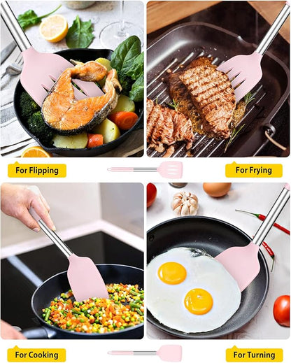 Pack of 2 Silicone Solid Turner, Non Stick Slotted Kitchen Spatulas, High Heat Resistant BPA Free Cooking Utensils, Ideal Cookware for Fish, Eggs, Pancakes(Pink) - Image 3