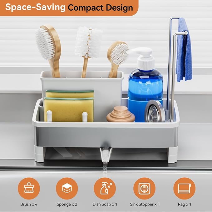Laveshop Sponge Holder for Kitchen Sink, Rustproof Stainless Steel Sink Caddy with Auto-Drain, Removable Brush Holders, Soap and Dishcloth Organizer, White - Image 2