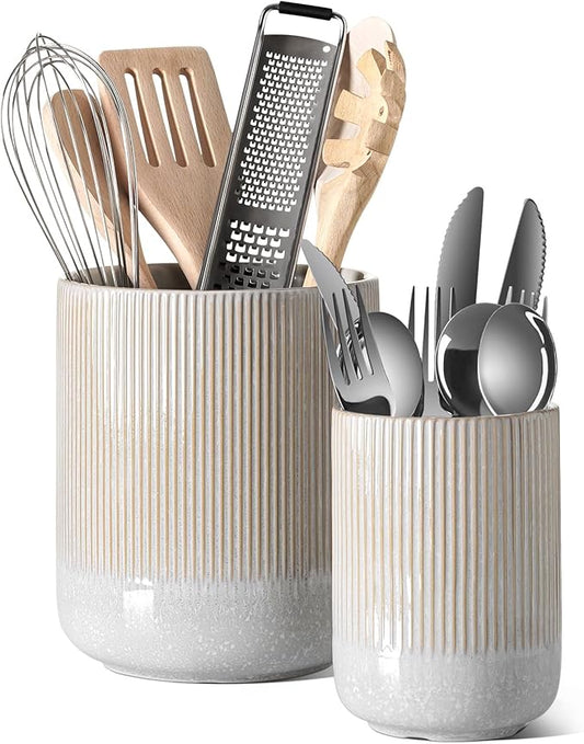LE TAUCI Utensil Holder for Kitchen Counter, 7.3"+5.4" Fluted Ceramic Utensil Crock Organizer for Countertop, Heavy Large Holder for Spatulas, Spoons, Set of 2, Gray Marble by LETAUCI