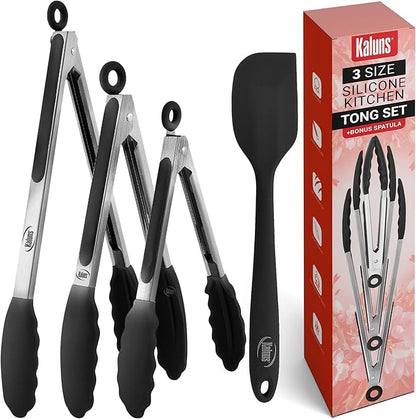 Kaluns Kitchen Tongs for Cooking Grilling Set of 4, BBQ Grill Tongs With Silicone Tip Stainless Steel Heat Resistant, Non-stick Pull Lock, Incl 7, 9, 12 Inch Tong Plus a Silicone Spatula by Kaluns%C2%AE