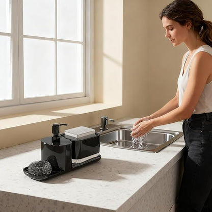 Kitchen Soap Dispenser Set with Tray, 4-in-1 Dual Hand and Dish Soap Dispenser with Sponge Holder for Kitchen Sink, Practical Kitchen Gadgets (Black)
