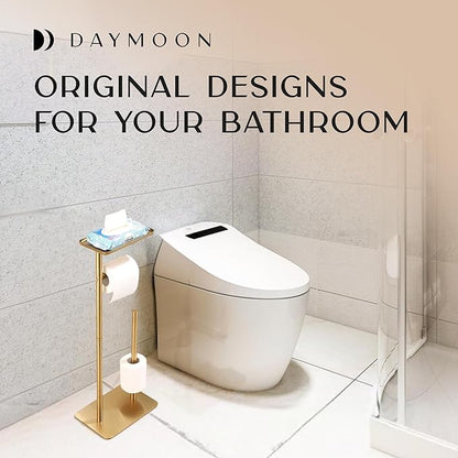 Day Moon™ - Toilet Paper Holder - Modern Roll Holder for Bathroom - 1 Pack - Free Standing - with Shelf, Gold - Image 8