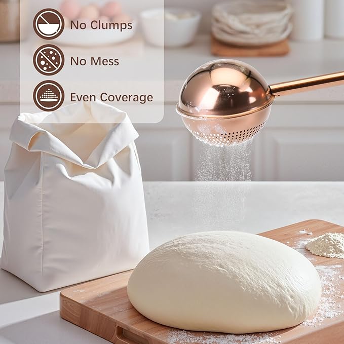 HULISEN Flour Duster for Baking, One-Handed Operation, 304 Stainless Steel Powdered Sugar Shaker Duster, Pick Up and Dust Flour Sifter, Gift Package, Brown - Image 2