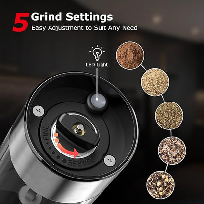 Bonsenkitchen Electric Salt and Pepper Grinder Set Rechargeable, 95ml Large Capacity Salt Shaker with LED Light, USB-C Fast Charging Automatic Pepper Mill with 5 Adjustable Coarseness for Kitchen, BBQ - Image 3