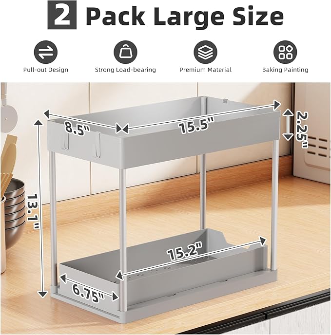 Simple Trending Under Sink Organizer 2 Pack, Sink Pull-Out Sliding Storage Cabinet, 2-Tier Under Shelf Organizer for Kitchen Bathroom, Grey - Image 2
