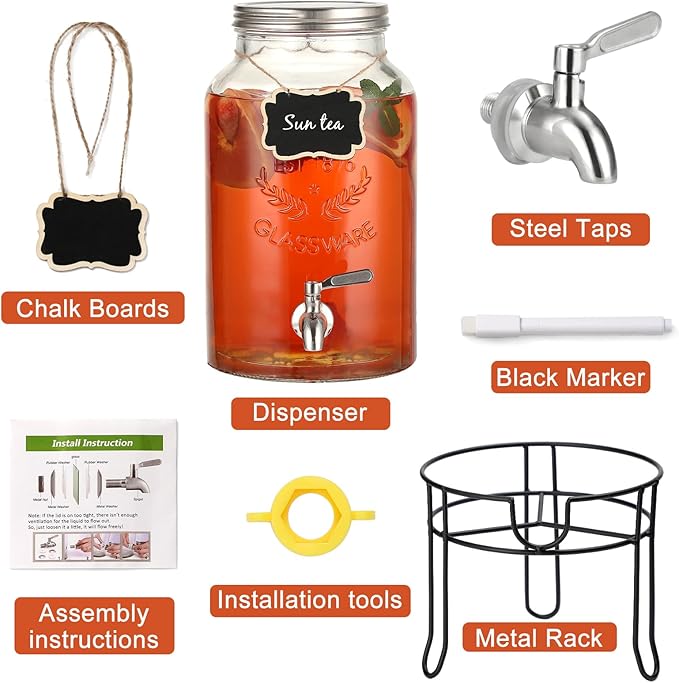 1.5 Gallon Glass Drink Dispenser with Stand – Large Beverage Dispenser with Stainless Steel Spigot, Chalkboard Tags & Marker – Glass Water Dispenser for Fridge, Parties, Weddings and Home Use,Silver - Image 4