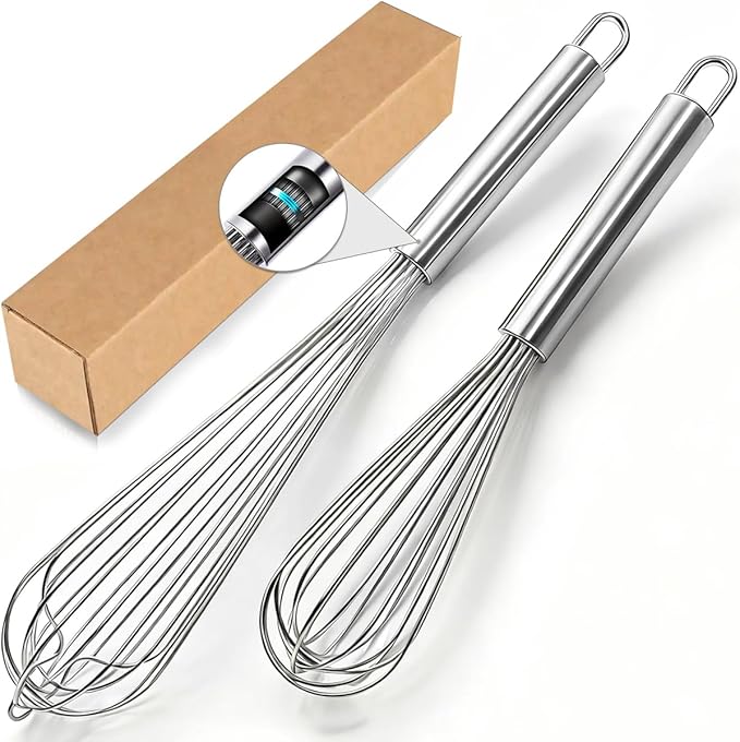 18/10 Stainless Steel Large Whisk Set of 2, 15.5 inch Heavy Duty Long Whisk and 12 inch Whisks, Suitable for Deep Pots or Big Bowl, Mixing, Beating, Blending by LKEAKICN