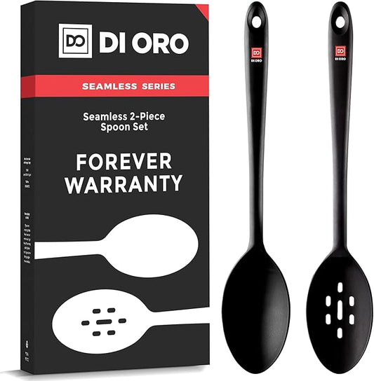 DI ORO Silicone Spoons for Cooking - Large Kitchen Spoons for Mixing, Serving, & Stirring - 600°F Heat-Resistant Non Stick Utensils – Big Solid & Slotted - Dishwasher Safe (2pc, Black) by DIORO