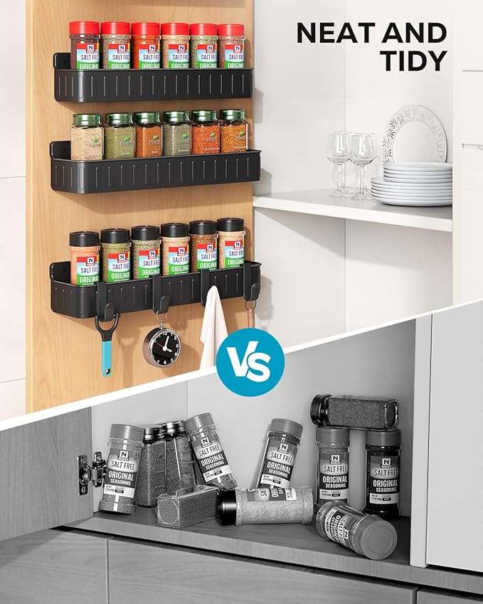 Nieifi Spice Rack Wall Mount, 4 Pack, Black, Screw or Adhesive Installation, Spice Rack Organizer for Your Kitchen Cabinet or Pantry Door - Image 3
