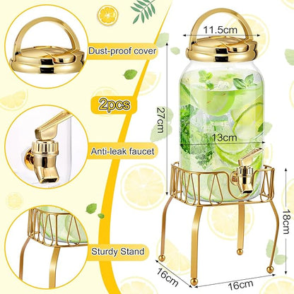 Tanlade 2 Pcs Plastic Drink Dispenser with Stand Beverage Dispenser with Sturdy Metal Base Juice Jar for Parties Lemonade Jar Spigot for Weddings Countertop Water, Each 1 Gallon (Gold)