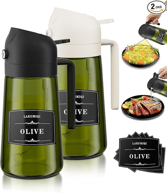 LAKUMIQI 2 in 1 Oil Sprayer for Cooking, 16oz Olive Oil Dispenser Bottle for Kitchen, Food Grade Light-Blocking Leak Proof Glass Spray Bottle for Salad, Air Fryer, BBQ by LAKUMIQI
