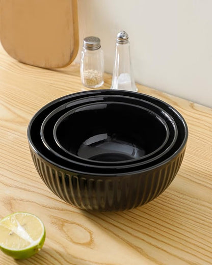 HASENSE Small Mixing Bowls of 3, Porcelain Ribbed Black Bowls 1.5/1/0.5 Qt For Kitchen, Cooking, Baking and Serving Prep Bowls for Salad, Pasta, Modern Kitchen Dish Dishwasher & Microwave Safe