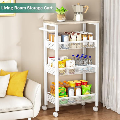 Vivihomety Utility Slim Storage Cart with Wheels, 4 Tier Small Rolling Cart with Wood Top, Metal Kitchen Bathroom Laundry Room Organization Trolley with Handle for Narrow Space - White - Image 6