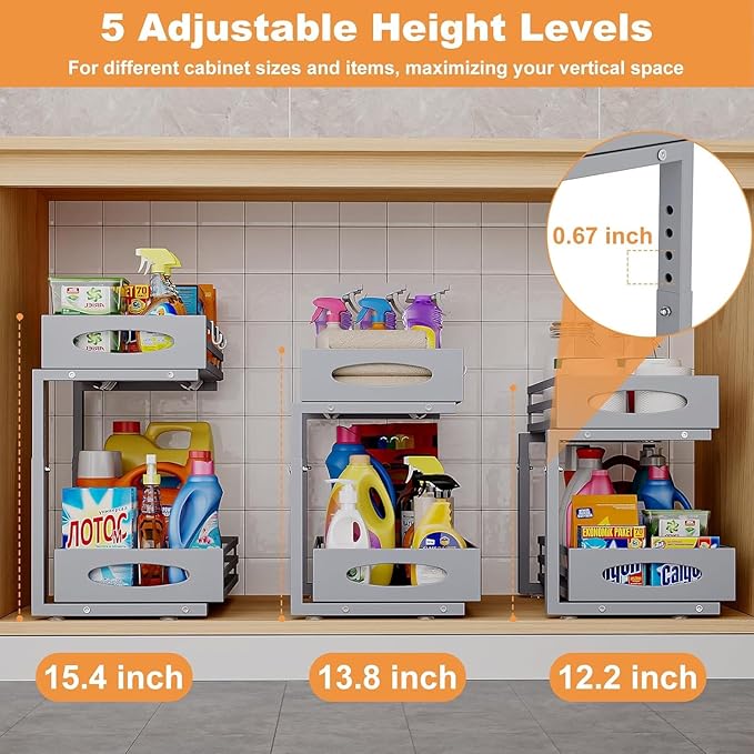 Under Sink Organizer, 2 Tier Under Sink Organizers and Storage, Adjustable Height, Slide out Metal Cabinet Organizers, Pull out Cabinet Storage Drawer Shelf for Kitchen Bathroom (Gray, 2 Pack) - Image 6