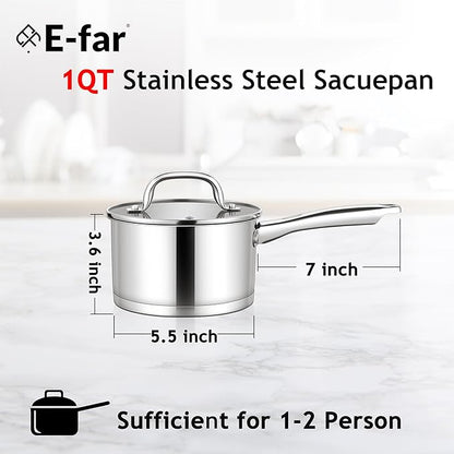 E-far 1 Quart Saucepan with Lid, Stainless Steel Small Sauce Pan Boiling Pot for Cooking, Compatible with All Stoves, Healthy & Non Toxic, Oven & Dishwasher Safe - Image 2