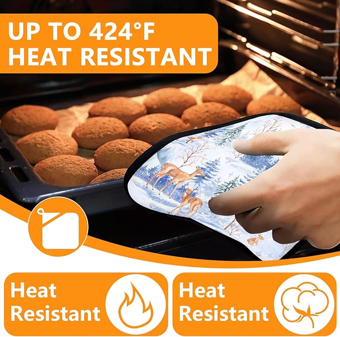 Deer Mitts and Pot Holders Sets 4Pcs,Extra Long Oven Gloves Potholder for Kitchen Cooking Baking BBQ 100% Cotton Heat Resistant - Image 4