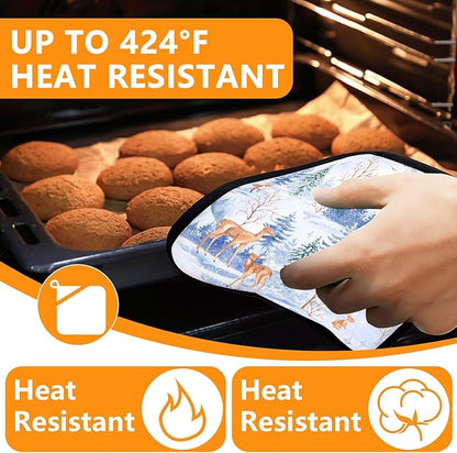 Deer Mitts and Pot Holders Sets 4Pcs,Extra Long Oven Gloves Potholder for Kitchen Cooking Baking BBQ 100% Cotton Heat Resistant - Image 4