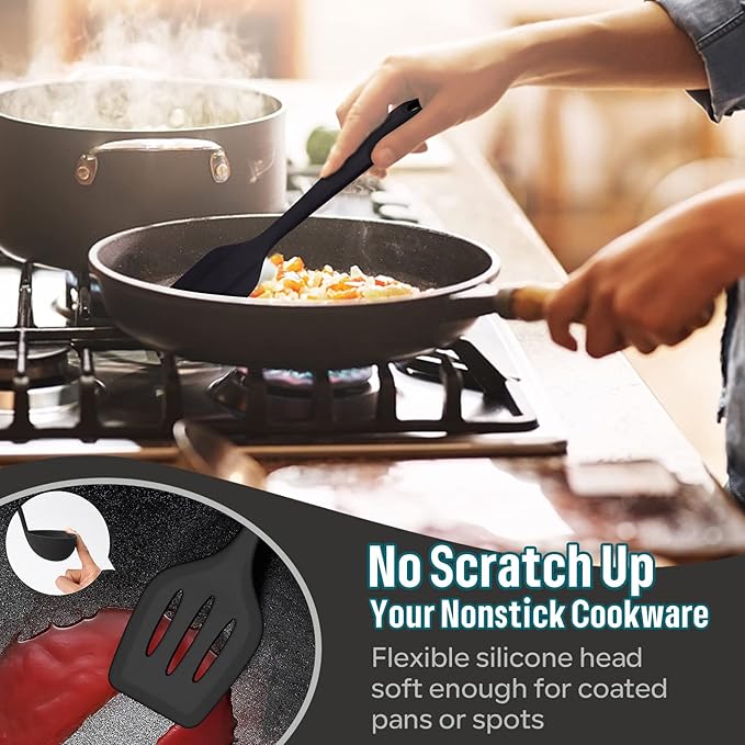 E-far Silicone Cooking Utensils Set, 7-Piece Black Heat Resistant Kitchen Utensils Set, Kitchen Nonstick Tools Spatula Ladle Spoon Pasta Server for Non-stick Cookware, Non-Toxic & Dishwasher safe - Image 4
