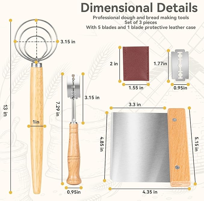 Danish Dough Whisk - Bread Whisk Set of 3 pieces, Bread Making Tools and Supplies, Danish Sourdough Whisks, Dutch Whisks for Dough, With Dough Scraper Sourdough Cutter, Lame Doughs Scoring Tool Blades - Image 2
