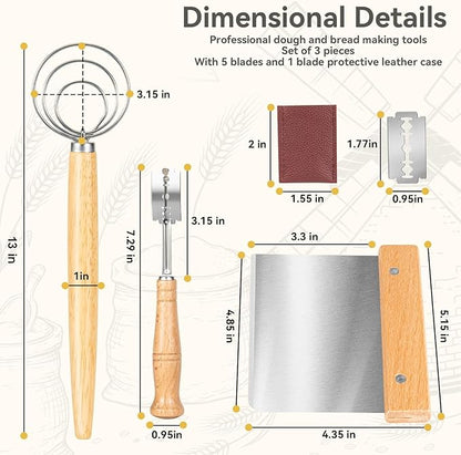 Danish Dough Whisk - Bread Whisk Set of 3 pieces, Bread Making Tools and Supplies, Danish Sourdough Whisks, Dutch Whisks for Dough, With Dough Scraper Sourdough Cutter, Lame Doughs Scoring Tool Blades - Image 2